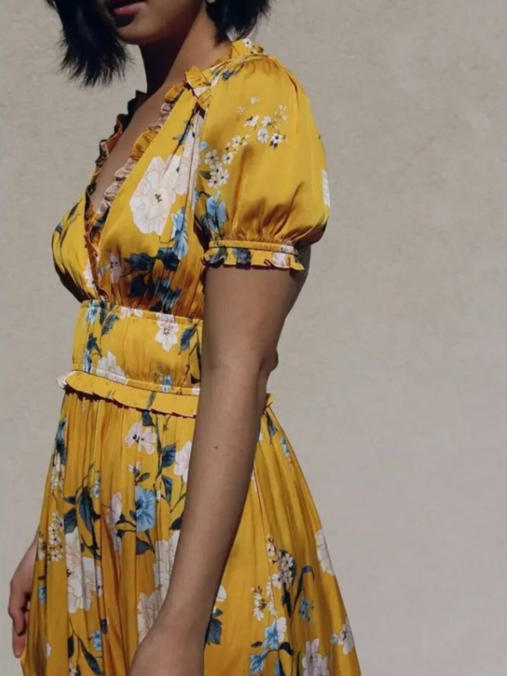 Anthropologie Current Air Marigold Smocked Floral Short Sleeve Maxi Dress - Picture 2 of 12